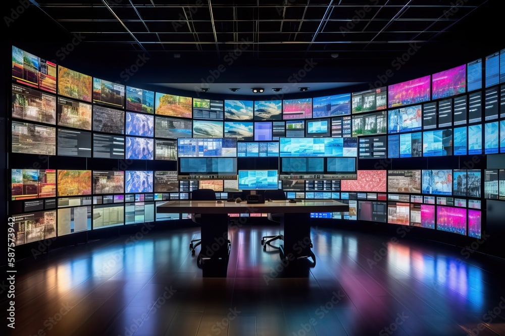 video wall with multimedia images on different television screens ...