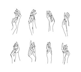 Poster - Beautiful hands of young woman, hands set, continuous line drawing, body care, manicure. Single line on a white background, isolated vector illustration. Tattoo, print and logo design.