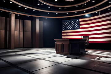 Poster - an american flag hanging on the side of a podium in front of a room with wooden paneled walls and flooring. Generative AI