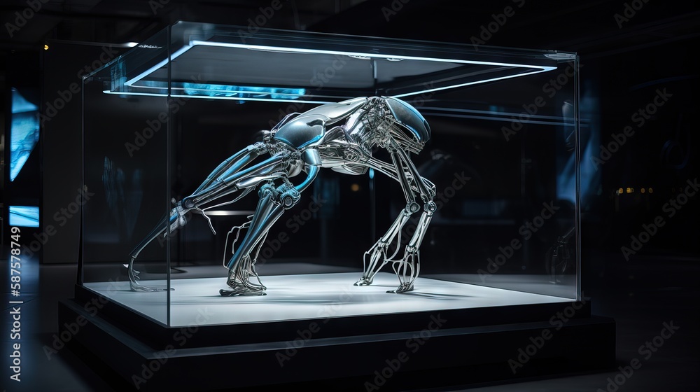 A towering, menacing steel robot on display in a gallery, boasting advanced technology and the capability to destroy entire cities. Its human-sized frame features a skeletal  structure, generative ai