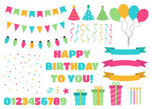 Set Of Birthday Party Design Elements For Greeting And Invitation Card. Birthday Flags And Garland. Colorful Confetti, Serpentine And Balloons. Vector Numbers, Caps, Presents, Candles Isolated.