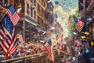 people celebrating in the street with american flags and confectional streamers flying from buildings on either sides. Generative AI