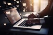 © AI Visual Vault - businessman working with laptop sending email on virtual screen, email marketing concept, sending mass e-mails or digital newsletter to manage relationship with customers Generative AI, Illustration