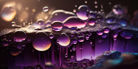 Wall Mural - Melting pebble drops of vibrant translucent amethyst crystal, lustrous vivid purple glowing backdrop, flowing water fall, bokeh blur background and macro closeup rocky textured - generative AI.