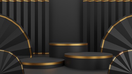 Poster - Podium room for your product, Geometric platform design black and gold color abstract background, 3D rendering