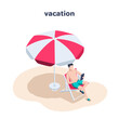isometric vector illustration on a white background, a man sunbathing with a smartphone sitting on a beach chair under an umbrella from the sun, vacation or relaxation on the beach