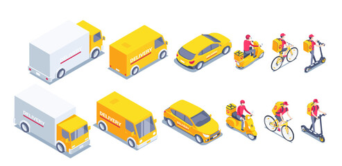 isometric vector illustration on white background, delivery transport set, cars and scooters and bike, city delivery service