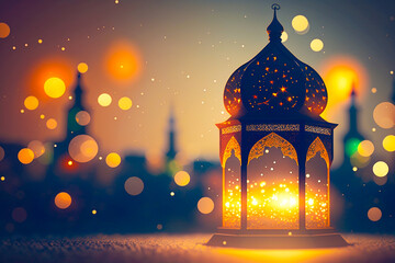 Wall Mural - Ai generated image of classic lamp with mosque shape with eid fitr celebration event.