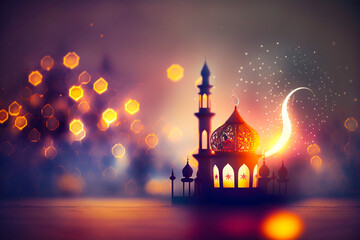 Wall Mural - Ai generated image of classic lamp with mosque shape with eid fitr celebration event.