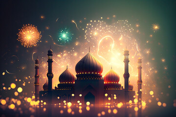 Wall Mural - Ai generated image of classic lamp with mosque shape with eid fitr celebration event.