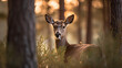 A doe looking back, suprised in a pine tree forest, created with Generative AI technology.