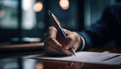 Poster - Focused businessman signs documents in corporate meeting generated by AI