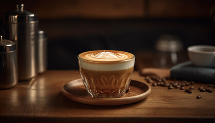 Poster - Elegant cappuccino on rustic wooden table close up generated by AI