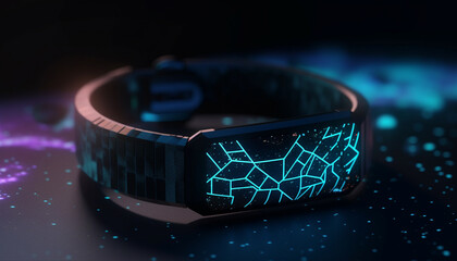 Poster - Blue glowing futuristic wristwatch symbolizing innovation and cutting edge technology generated by AI