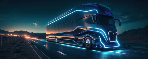 futuristic truck traveling on the highway during blue hour at night. Generative AI