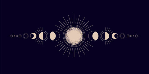 Moon phases whole cycle on night sky, moonlight activity stages. Astrology, astronomical lunar sphere shadow, whole cycle from new to full moon realistic vector illustration