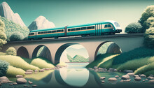 Minimalist Background With Train On The Bridge. Generative AI