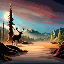 Natural Background With Forest Silhouette With Deer. Mountain Landscape With Forest, Deer. Canvas Art.