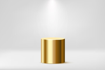 Poster - Gold cylinder podium vector illustration. 3D realistic empty golden platform pedestal for product display in showroom, soft light of spotlight lighting round studio stand from top
