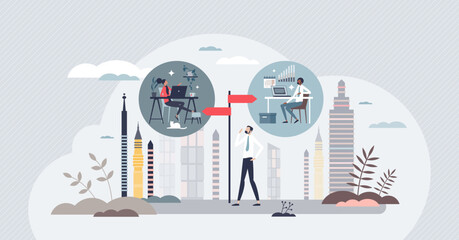 Wall Mural - Hybrid work policy as flexible location in office or home tiny person concept. Business with split time for employee workspace vector illustration. Company manager with urban environment or WFH.