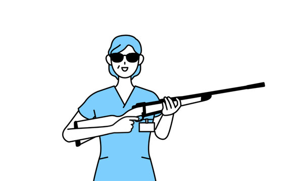 サングラスをかけてライフル銃を持つ中年・シニア女性看護師、理学療法士、作業療法士、言語聴覚士、看護助手