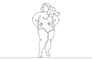 Wall Mural - One continuous line.Fat woman on the street. Obese person. Fat girl. Obesity. Large woman. One continuous line drawn isolated, white background.