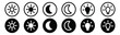 Mobile apps or website screen brightness icon set. Day and night mode. sun, moon, and lamp or bulb sign in filled and outlined icon set. Black and white vector illustration. 