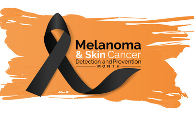 Poster -  Melanoma and skin cancer detection, prevention and awareness month of May. Concept with black Ribbon. Banner template. Vector illustration.