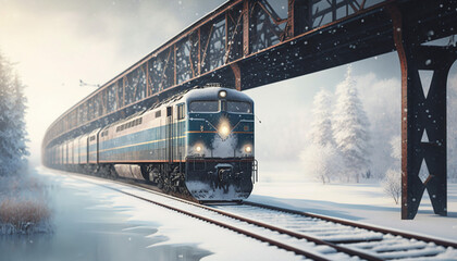 Wall Mural - modern background with train on the bridge in the winter. Generative AI