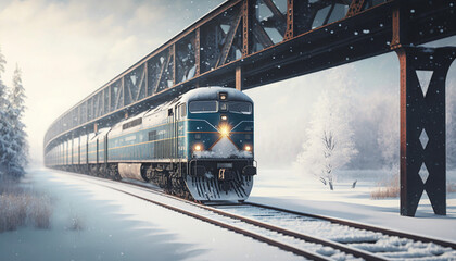 Poster - modern background with train on the bridge in the winter. Generative AI