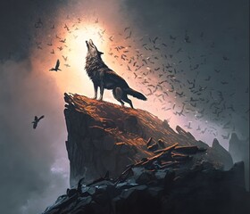 Wall Mural - howling wolf on rock with bird flying around, illustration painting, Generative AI