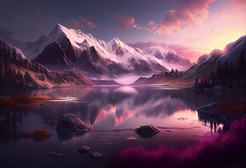 Aufkleber - The sky is a beautiful shade of pink and purple as the sun sets behind the mountains. Generative AI technology.