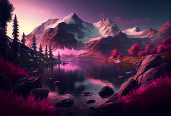 Aufkleber - The sky is a beautiful shade of pink and purple as the sun sets behind the mountains. Generative AI technology.