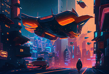 Aufkleber - : A futuristic cityscape at night, with towering skyscrapers and flying vehicles zipping through the air. Generative AI technology.

