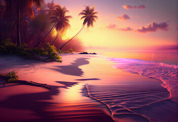 Poster - The sky is a beautiful mix of oranges, pinks, and purples, and there are palm trees swaying in the breeze. Generative AI technology.