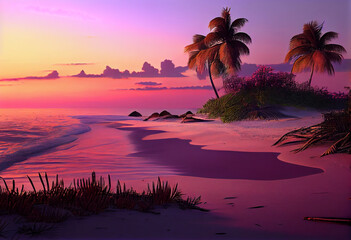 Aufkleber - The sky is a beautiful mix of oranges, pinks, and purples, and there are palm trees swaying in the breeze. Generative AI technology.