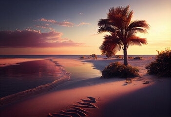 Aufkleber - The sky is a beautiful mix of oranges, pinks, and purples, and there are palm trees swaying in the breeze. Generative AI technology.