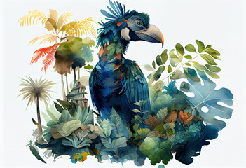 Poster - A lush jungle with towering trees and a variety of exotic animals, including a majestic dodo bird. The bird is surrounded by vibrant flora and fauna, Generative AI technology.