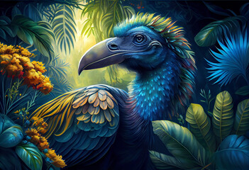 Poster - A lush jungle with towering trees and a variety of exotic animals, including a majestic dodo bird. The bird is surrounded by vibrant flora and fauna, Generative AI technology.