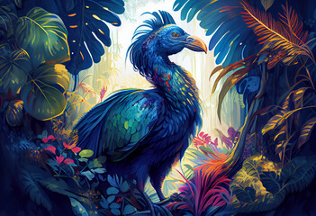 Poster - A lush jungle with towering trees and a variety of exotic animals, including a majestic dodo bird. Generative AI technology.