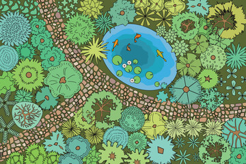 Wall Mural - Landscape design. Top view. Pond, path, trees and flowers. View from above. Vector illustration.