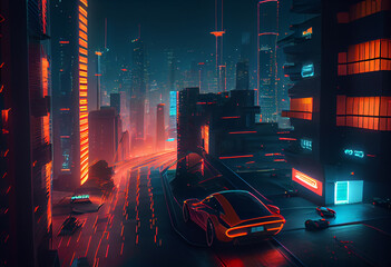 Aufkleber - A futuristic cityscape at night, with towering skyscrapers and flying vehicles zipping through the air. Generative AI technology.