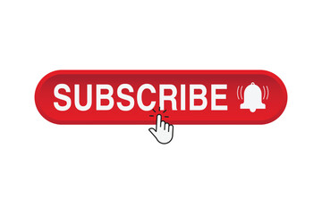 Fototapete - Subscribe, bell button and hand cursor. Red color button subscribe to channel,  Social media background. Marketing. Vector illustration. EPS 10
