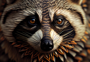 Poster - A complex, multi-layered pattern of interlocking shapes that resembles a raccoon face.  Generative AI technology.