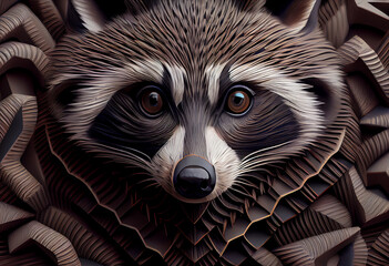 Poster - A complex, multi-layered pattern of interlocking shapes that resembles a raccoon face.  Generative AI technology.