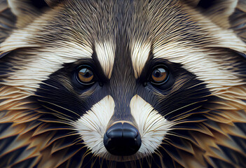 Poster - A complex, multi-layered pattern of interlocking shapes that resembles a raccoon face.  Generative AI technology.