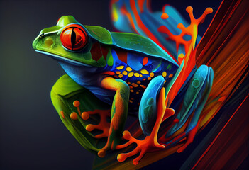 Poster - An abstract, surrealist portrait of a Tree frogs, featuring exaggerated proportions and dreamlike colors.  Generative AI technology.	
