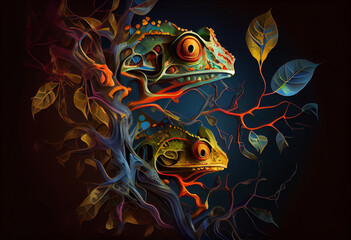 Wall Mural - An abstract, surrealist portrait of a Tree frogs, featuring exaggerated proportions and dreamlike colors.  Generative AI technology.	
