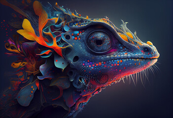 Poster - An abstract, surrealist portrait of a Lizard, featuring exaggerated proportions and dreamlike colors.  Generative AI technology.	
