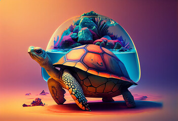 Aufkleber - An abstract, surrealist portrait of a Turtles with a dome-shaped shell, featuring exaggerated proportions and dreamlike colors.  Generative AI technology.	

